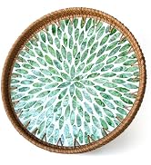 Round Rattan Tray with Mother of Pearl Inlay, Wicker Serving Tray Mother for Decor, Rattan Round ...