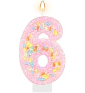 AKURIEEY Pastel 6th Birthday Candle Pink Macaron Number 6 Candle | Pink Cake Topper with Soft Col...