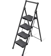 Folding step ladder with four steps, made of dark metal material. Compact design suitable for household use.