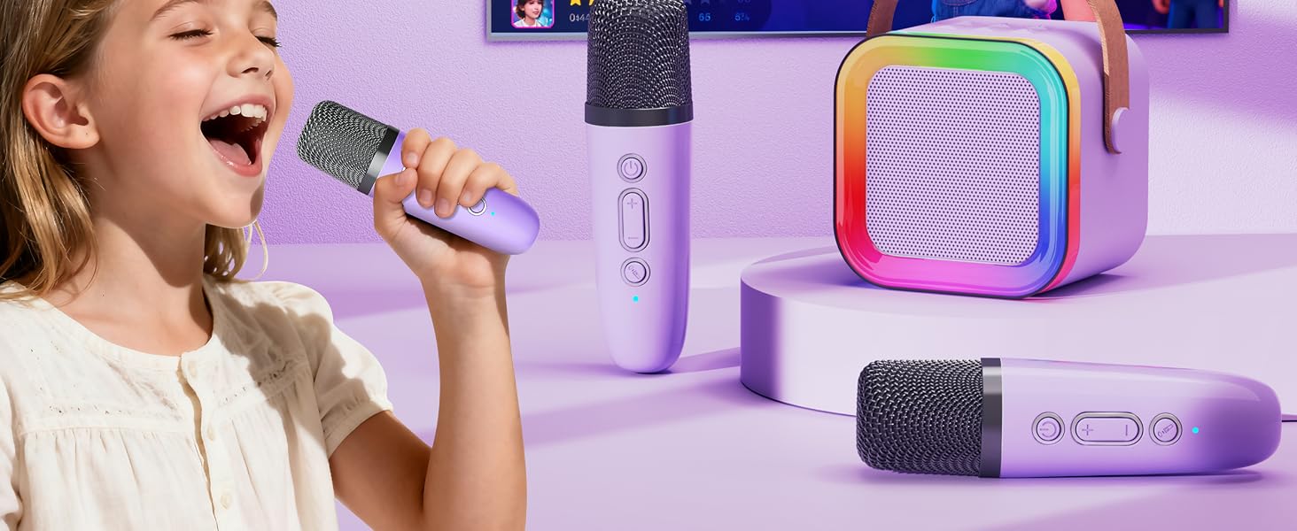 Kids Karaoke Machine for Ages 3-12, Portable Bluetooth Speaker with Two Wireless Microphones