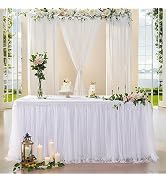 Suppromo White Tulle Table Skirt for Rectangle Tables 6ft White Tutu Ruffle Table Cloth for Weddi...