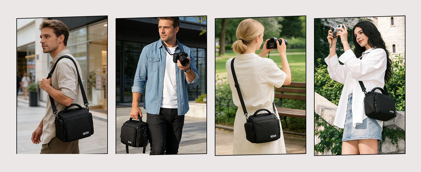 Series of lifestyle photos showing a black messenger-style bag being used in various casual outdoor and urban settings, demonstrating its portability and versatility.