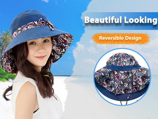 Women Bohemian Reversible Floral cotton polyester beautiful charming beach activities Sun Hat