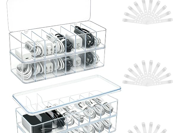 Cheardia 4 Pack Cable Organizer Box with Wire Ties, 2 Style Plastic Cord Storage Box, 10 In Adjus...