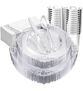 FLOWERCAT 175PCS Clear Silver Plastic Plates -Include 50 Plates, 25 Cups, 25 Forks, 25 Knives, 25...