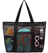 Tagitary Mesh Beach Bag with Zipper, Black Large Beach Tote Waterproof Sandproof with 8 Pockets f...