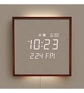 mooas Wooden Frame LED Silent Wall Clock with Remote, Backlit Nightlight, Modern Digital LED Wall...