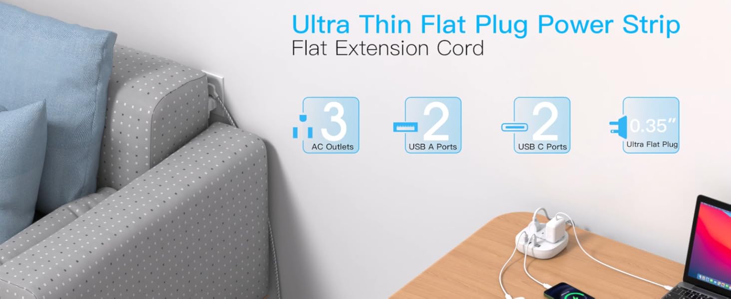 flat plug surge protector power strip