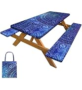 Picnic Table Cover with Bench Covers Camping Tablecloth with Storage Bag Windproof Waterproof Pic...