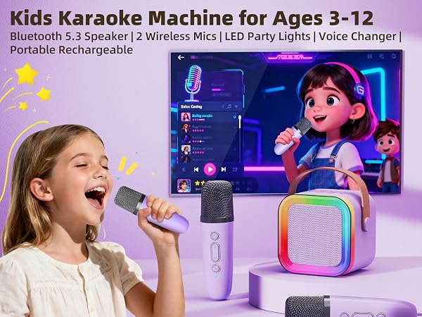 Kids Karaoke Machine for Ages 3-12, Portable Bluetooth Speaker with Two Wireless Microphones