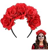 Bigmeta Day of the Dead Flower Crown Headband for Women - Rose/Marigold | Mexican Headpiece, with...