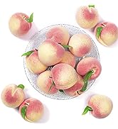 HAKACC Artificial Fruit Peach, 12PCS Fake Peaches Lifelike Pink Peach with Green Leaves Simulatio...