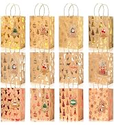12 Pack Christmas Gift Bags Bulk, Small Size 8.3"x5.9"x3.2" Gold Foil Kraft Paper Bags with Handl...