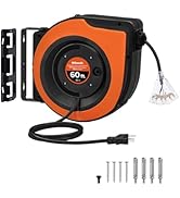 WILAWELS Retractable Cord Reel, 60 FT Heavy Duty Extension Cord, 12AWG/3C SJTOW, 3 Grounded Outle...
