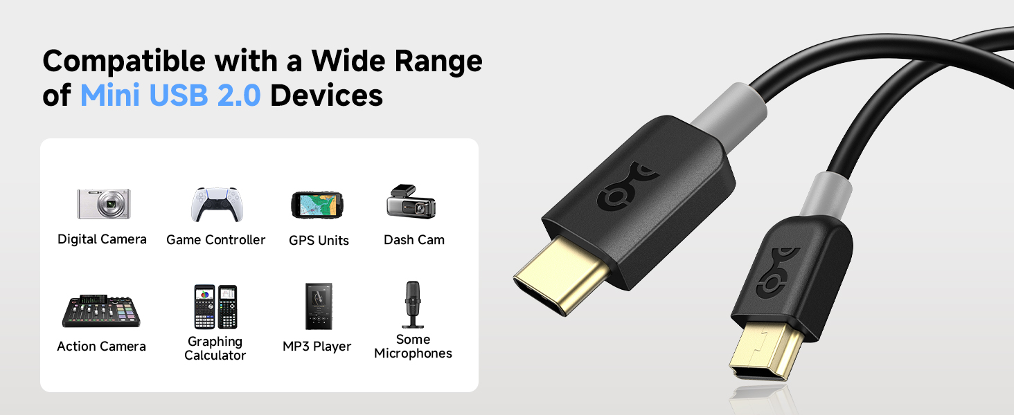USB C to Mini USB 2.0 cable for syncing and charging legacy devices