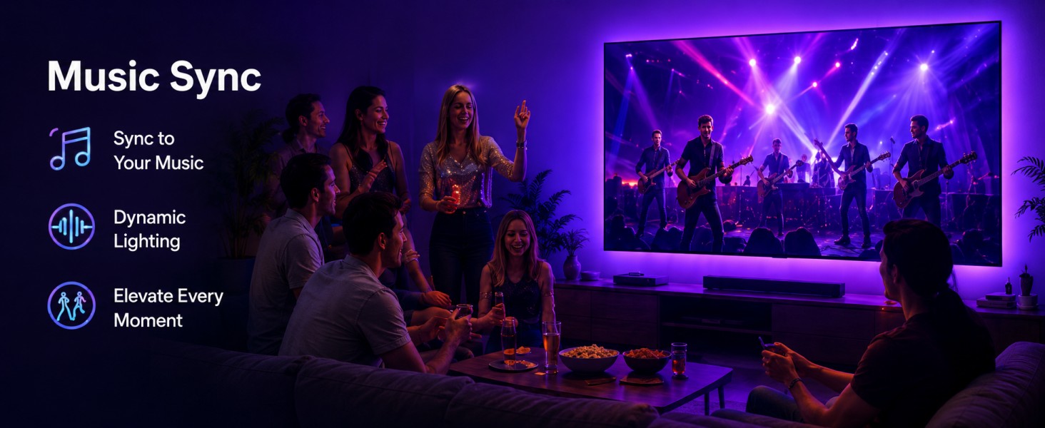 Music sync TV LED backlight reacts to beats for immersive party & concert vibes.