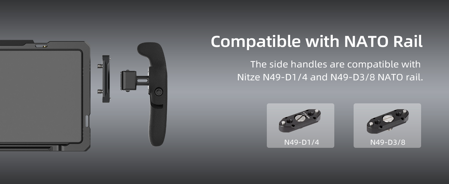 Text reads 'Compatible with NATO Rail' with technical illustrations showing two mounting attachment options labeled 'NATO-G1/4' and 'NATO-G1/4'.