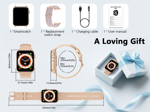 Detailed descriptions of the various sizes of the smart watch and the straps.