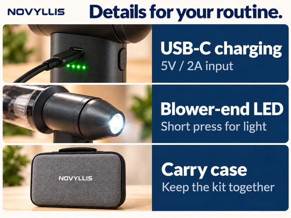 Rechargeable air duster with USB-C charging, blower-end LED light and carrying case