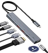 USB-C hub with multiple ports including HDMI, USB, and SD card slots. Features a sleek gray design with attached cable and additional connectors shown.