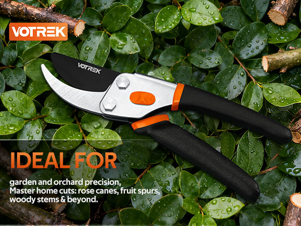 Text reads 'VORREX' and 'IDEAL FOR'. Garden pruning shears shown among green foliage. Product appears to be garden cutting tool designed for plant maintenance.