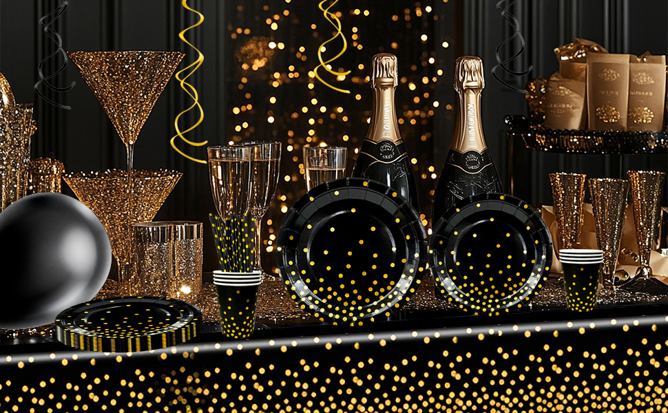 black and gold party tableware