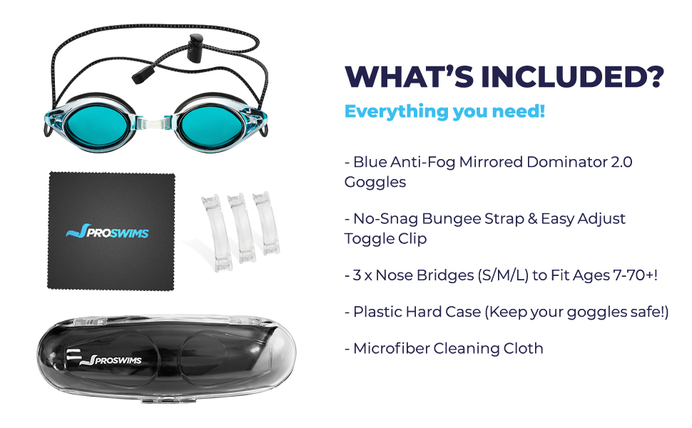 What's Included - Blue Anti Fog Bungee Strap Swimming Goggles, Case, Cloth & Nosebridges