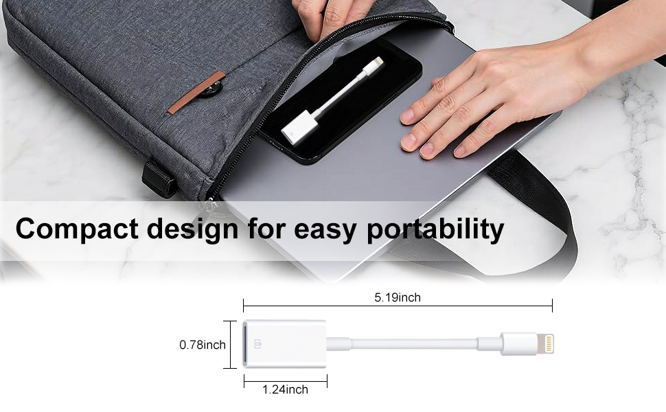 Product dimensions diagram showing laptop sleeve or case with measurements. Text indicates 'Compact design for easy portability'. Hand demonstrating insertion of device.