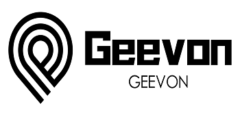 Logo design featuring a stylized location pin shape next to the word 'Geevon' in bold, uppercase letters. The brand name 'GEEVON' is repeated below in smaller text.