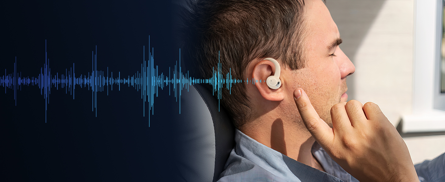 Man wearing a small in-ear device, with a blue sound wave graphic overlay. Image suggests audio or hearing-related product.
