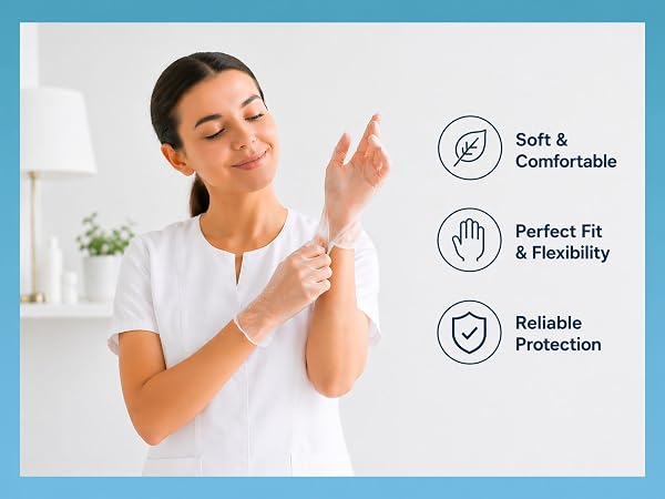 A smiling woman wearing a white uniform is putting on transparent gloves, demonstrating softness