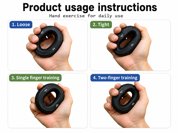 An adult hand holding a silicone grip ring in loose, tight, single-finger, and two-finger positions