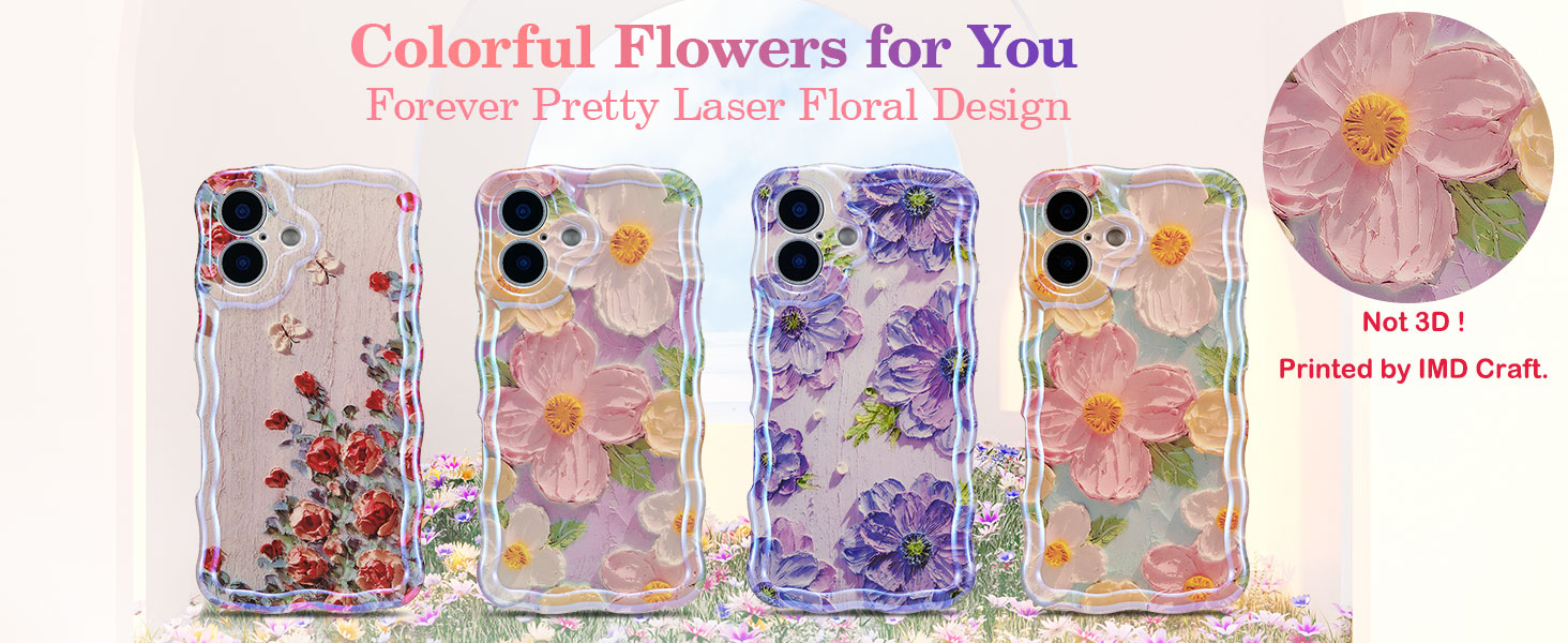 Four transparent phone cases with preserved colorful flowers. Red, pink, purple, and orange floral designs visible. Small circular image shows pink flower detail.