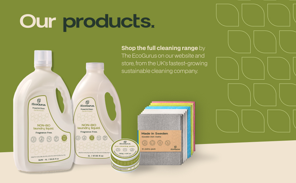 Text reads 'Our products.' Product display showing eco-friendly cleaning supplies including bottles and containers against green background with geometric pattern.