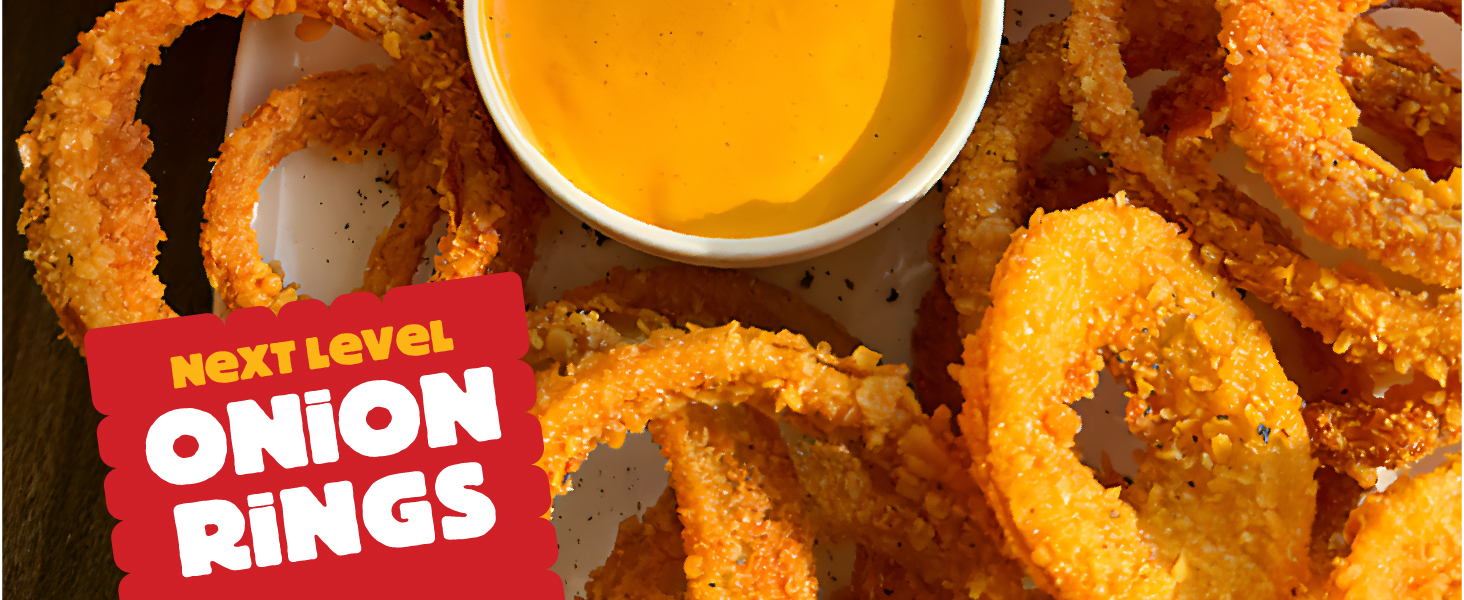 Close up of onion rings made with crushed Cheez-It crackers, Next Level Onion Rings