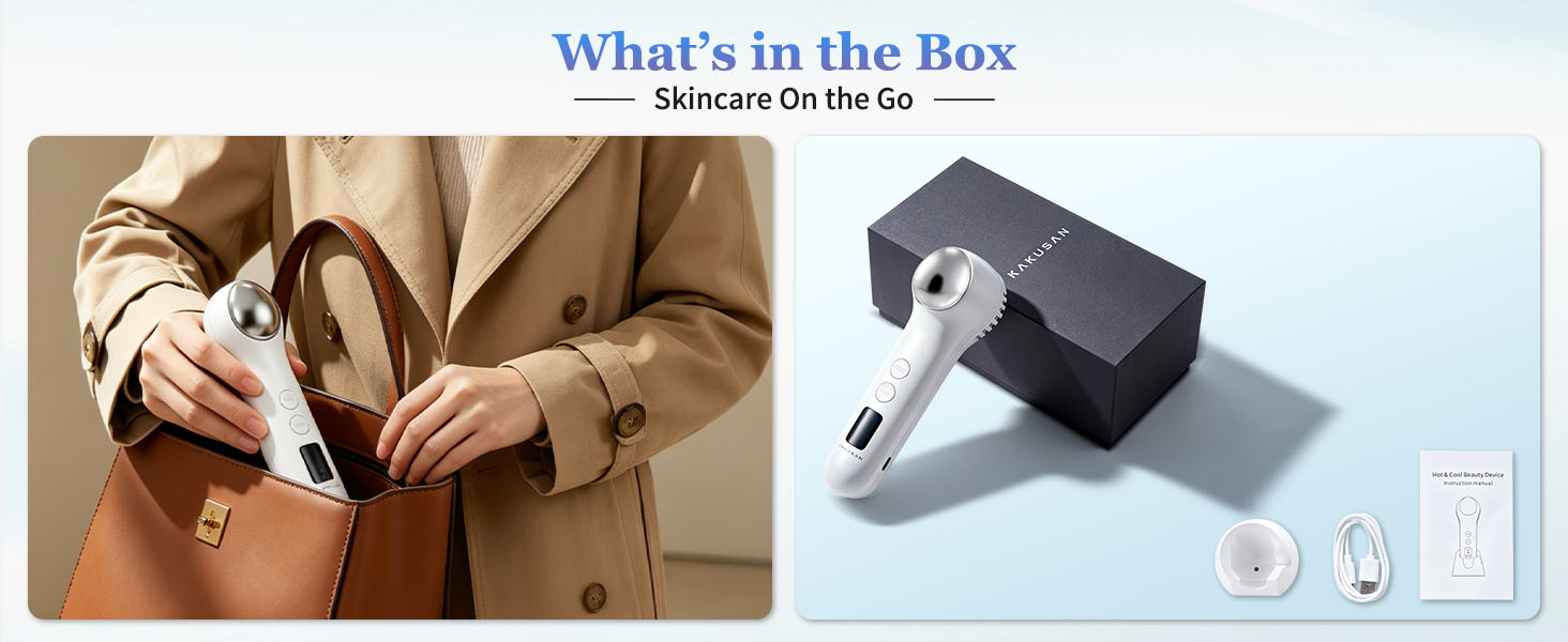 Split image: woman placing a beauty wand into a bag, plus the product with its box and accessories.