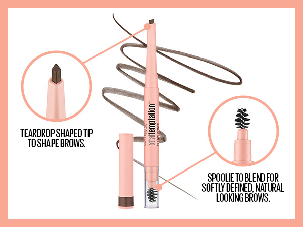 teardrop shaped tip to shape brows, spoole to blend for softly defined, natural looking brows