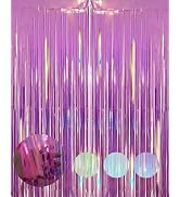 Iridescent Rose Pink Party Streamers Backdrop - 2 Pack 3.31 x 6.6 ft Neon Transparent Holographic...