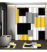 Tayney Yellow Geometric Shower Curtain Set with Toilet Lid Cover and Non-Slip Rugs for Bathroom, ...