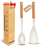 Silicone Cooking Spoon and Pasta Fork Set, 2 Pack Large Spatula Spoons Set with Wooden Handle, He...