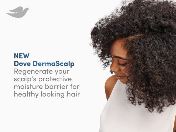 Woman with curly, black & strong-looking hair next to text about our Dove DermaScalp technology.