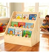 OCMML Kids Bookshelf 3-Tier, Solid Wood Bookcase & Montessori Book Display Rack, Open Front Facin...