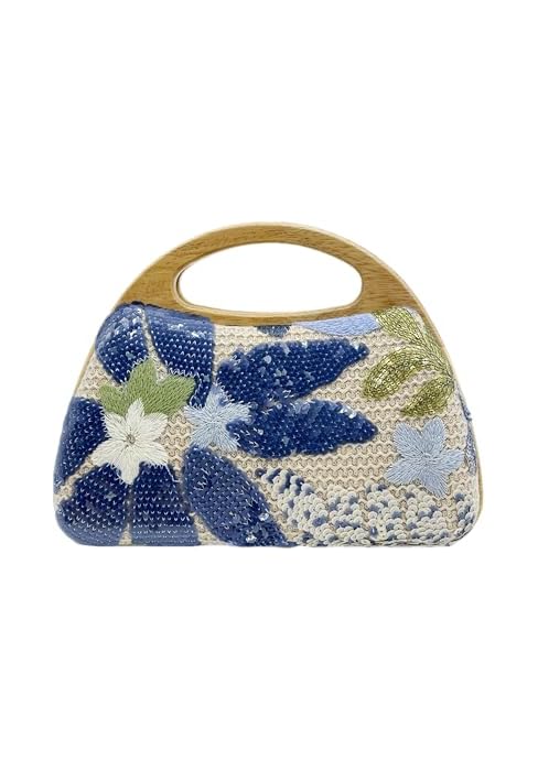 Sequin Clutch Bag for Women, Blue Floral Embroidered Evening Purse with Wooden Base, Top Handle &...
