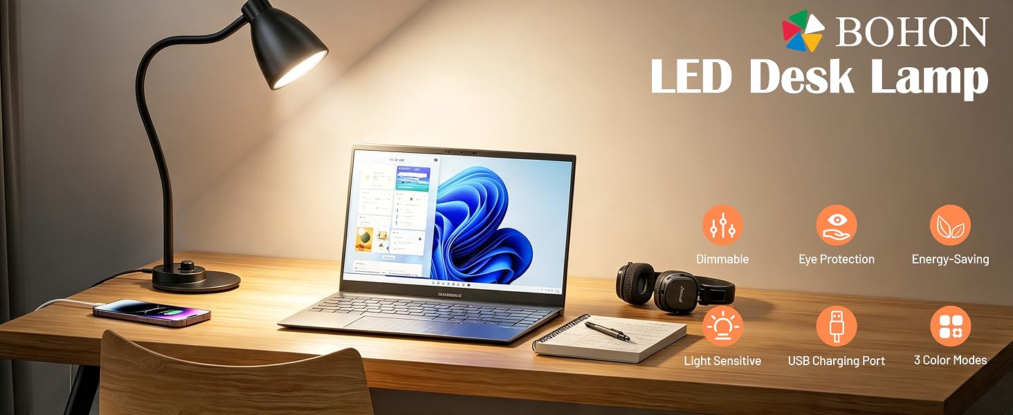 LED Desk Lamp with USB Charging Port Reading Light Task Lamp Black Table Lamp for Bedside Office