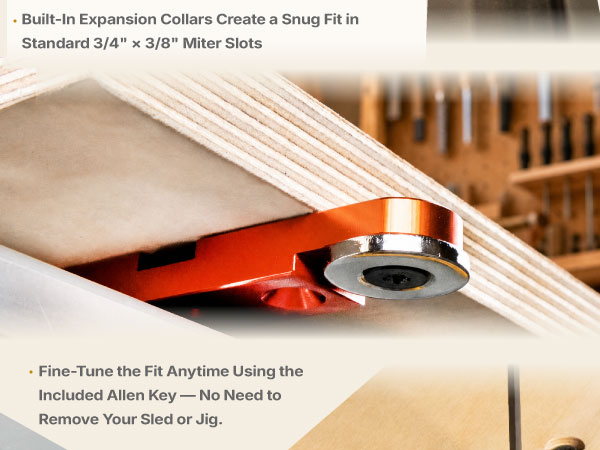 O'SKOOL miter slot runner bars with expansion collars for reduced side play.