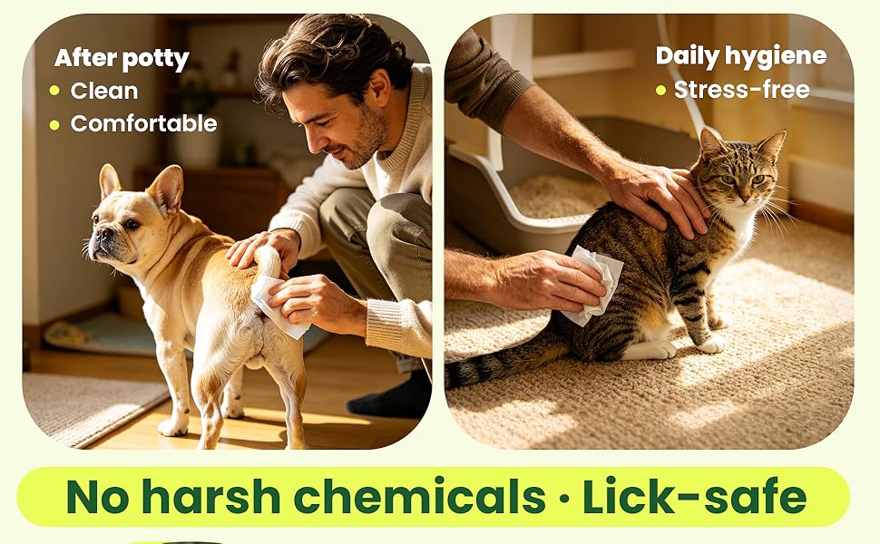 Left: wiping dog's bottom gently. Right: cleaning cat's rear. Soft care for both.