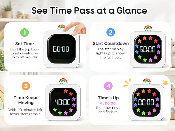 Digital Visual Timer for Kids Star Rainbow LED Display Green White Blue Rechargeable 99 Minute