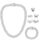 NEWITIN 7 Pieces Silver Jewelry Set for Men Stainless Steel Cuban Link Necklace Bracelet Vintage ...