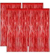 4 Pack Red Backdrop, 3.28 FT x 7.05 FT Party Streamer, Metallic Birthday Tinsel Backdrop Foil Fri...