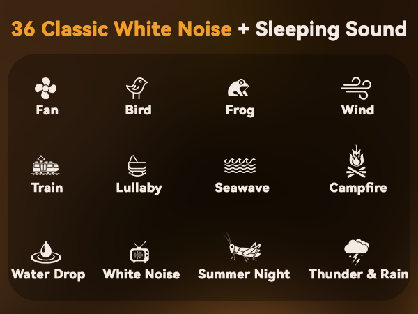 Sound machine with multiple classic white noise tracks to mask noise for babies nursery and adults.